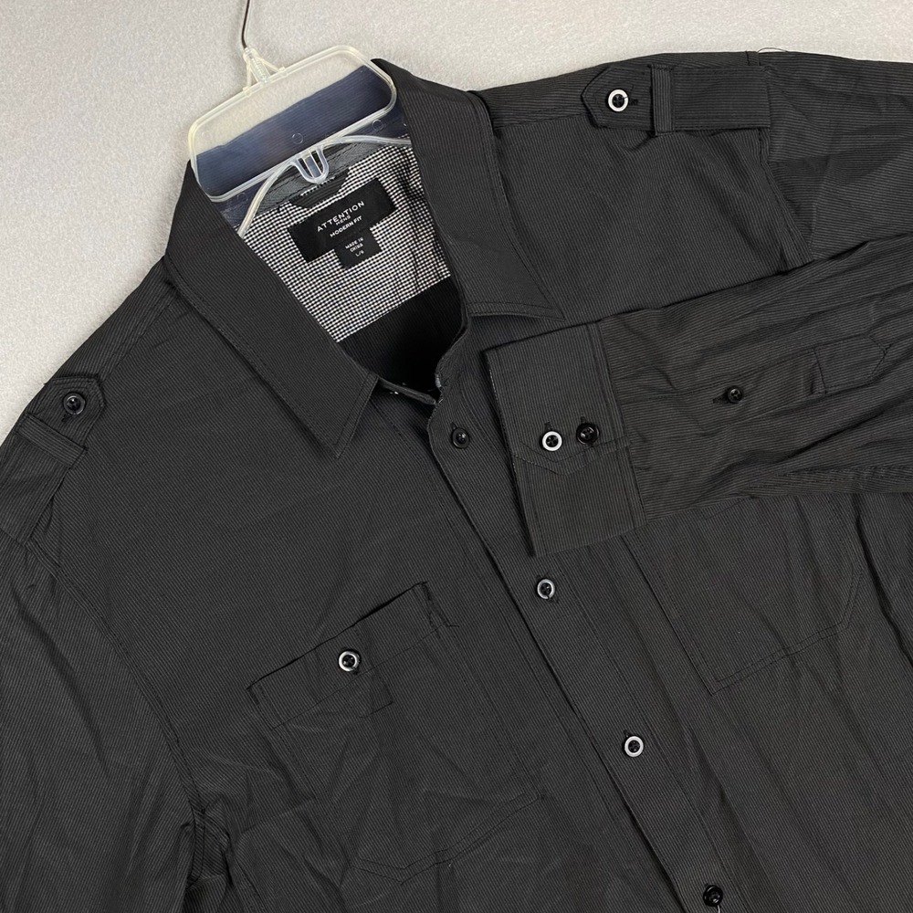 Attention Mens Modern Fit Black Micro Stripe Button Down Shirt Epaulets Large
